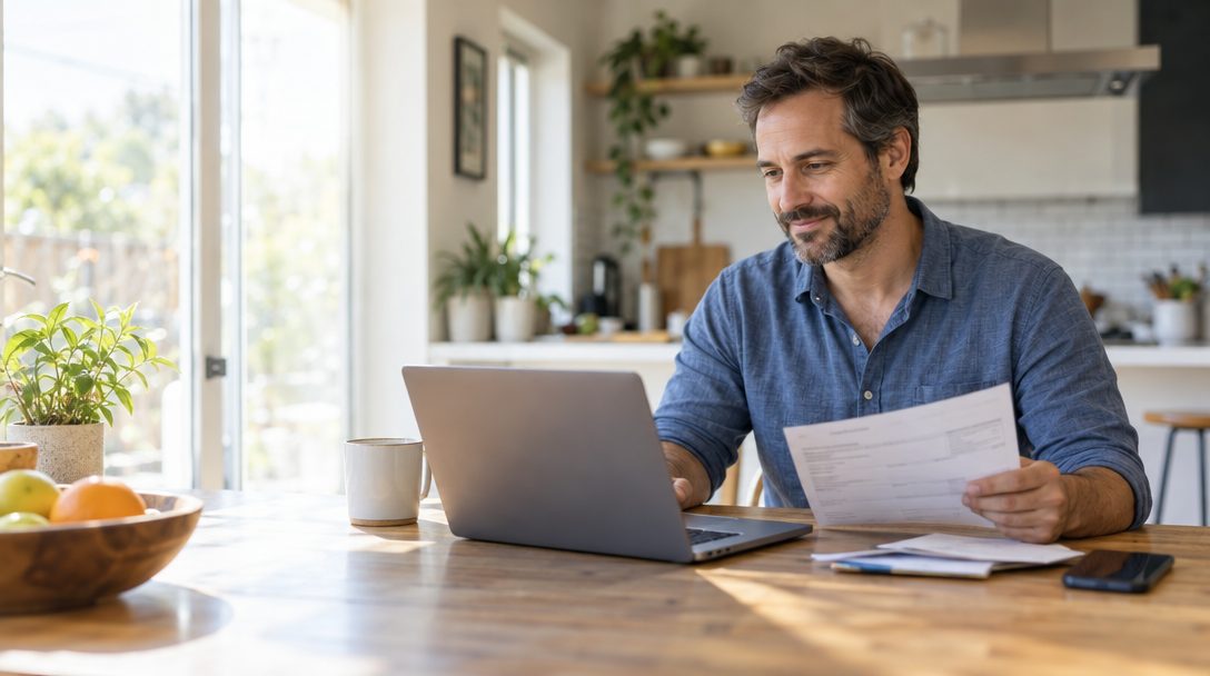 A homeowner reviewing an energy bill at the kitchen table